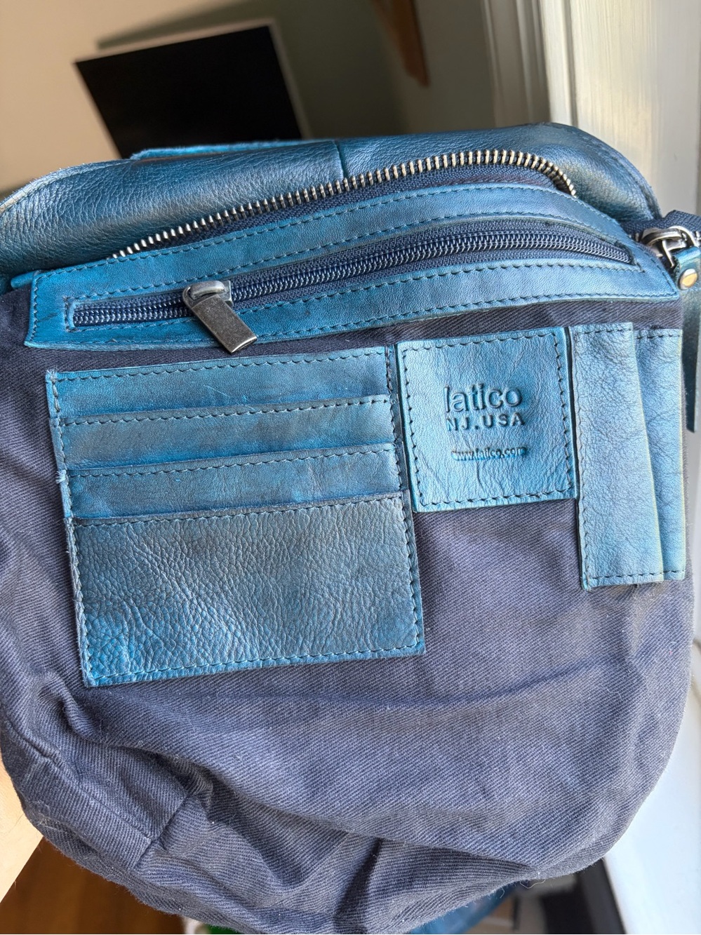 Vintage Latico Teal Leather Handbag Whipstitch Crossbody Tote Geometric Detail - Picture 17 of 17